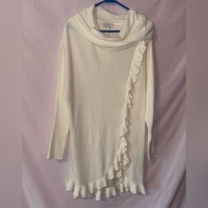 Cream Cowl Neck Sweater with Asymmetrical Ruffle
